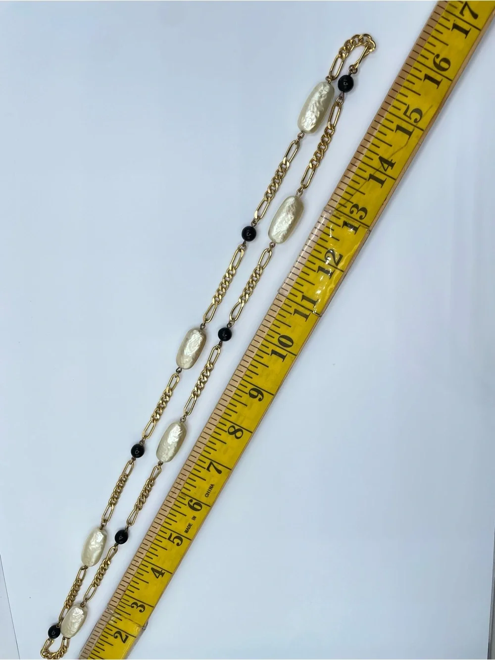 Gold Tone Faux Pearl Black Crystal Bead Long Statement Necklace